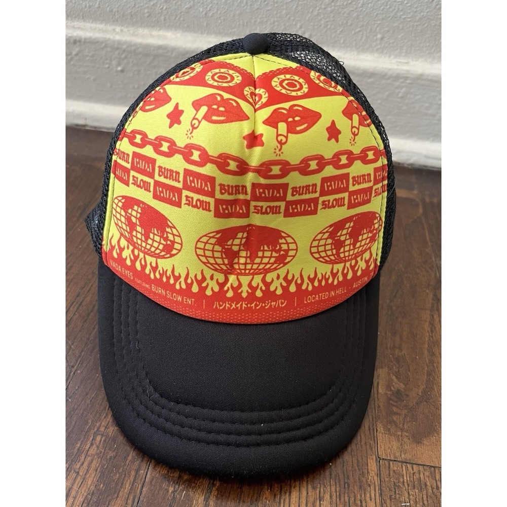 Burn Slow Hat Snap Back Mens Black Yellow Trucker Mesh Flames BMX Austin TX